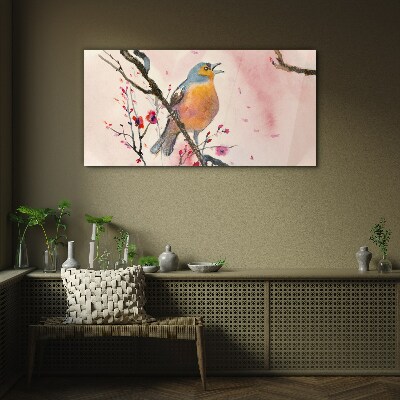 A singing bird in a spring landscape Glass art print