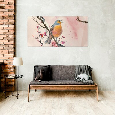 A singing bird in a spring landscape Glass art print