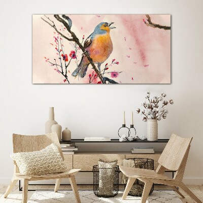 A singing bird in a spring landscape Glass art print