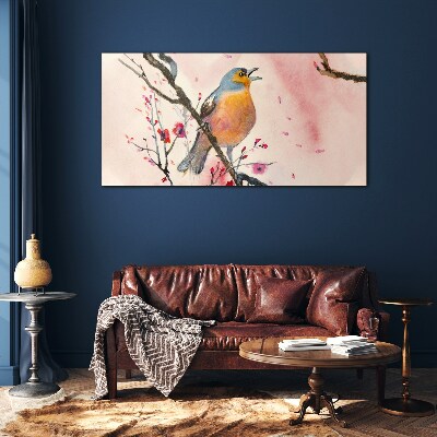 A singing bird in a spring landscape Glass art print