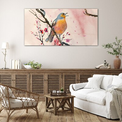 A singing bird in a spring landscape Glass art print