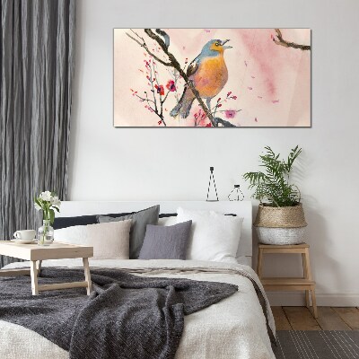 A singing bird in a spring landscape Glass art print