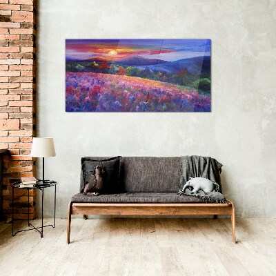 Landscape in sunset colors Wall art on glass