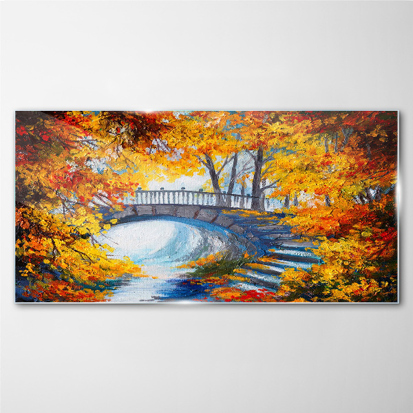 Golden bridge in autumn park Wall art on glass