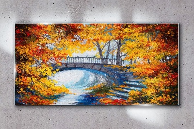 Golden bridge in autumn park Wall art on glass