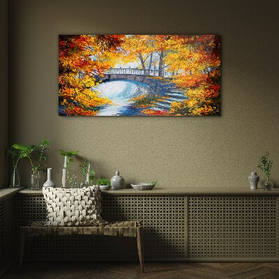 Golden bridge in autumn park Wall art on glass