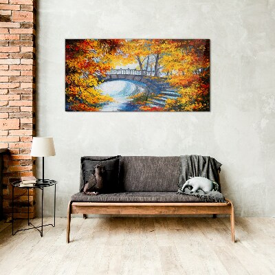 Golden bridge in autumn park Wall art on glass
