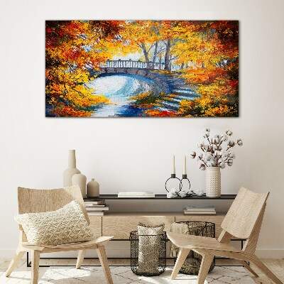 Golden bridge in autumn park Wall art on glass