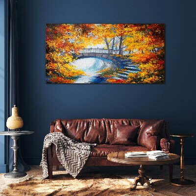 Golden bridge in autumn park Wall art on glass