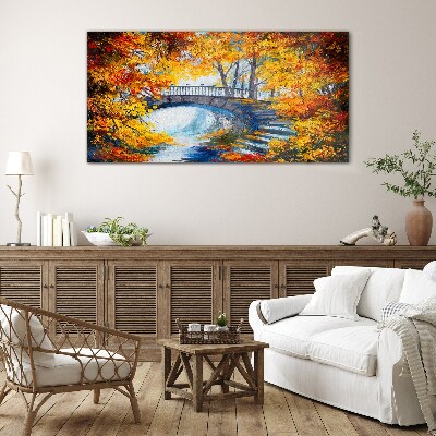 Golden bridge in autumn park Wall art on glass