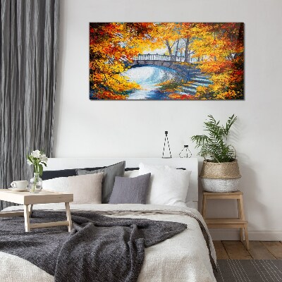 Golden bridge in autumn park Wall art on glass