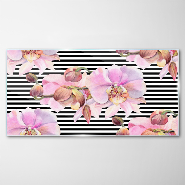 Orchids on a background of black stripes Wall art on glass