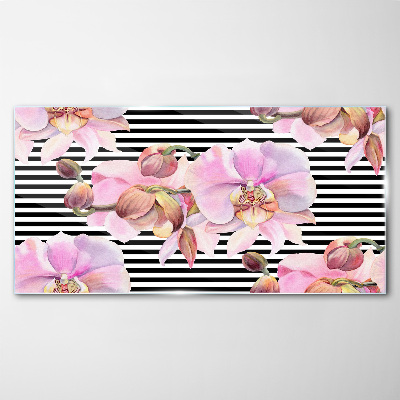 Orchids on a background of black stripes Wall art on glass