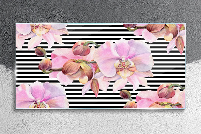 Orchids on a background of black stripes Wall art on glass