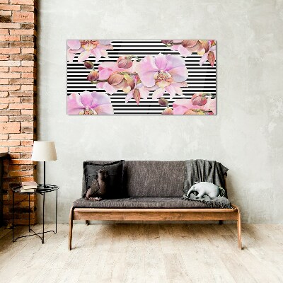 Orchids on a background of black stripes Wall art on glass