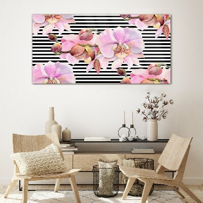 Orchids on a background of black stripes Wall art on glass
