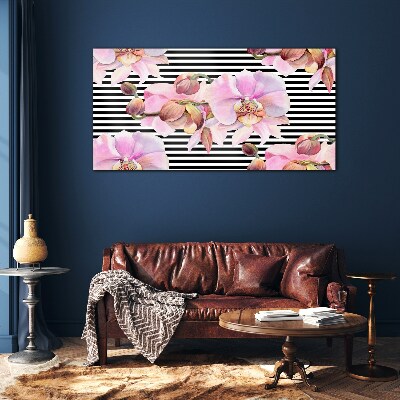 Orchids on a background of black stripes Wall art on glass