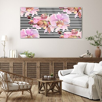 Orchids on a background of black stripes Wall art on glass