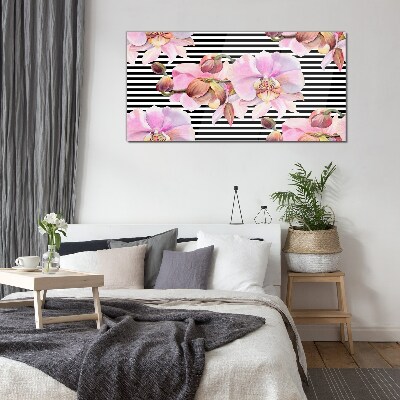 Orchids on a background of black stripes Wall art on glass