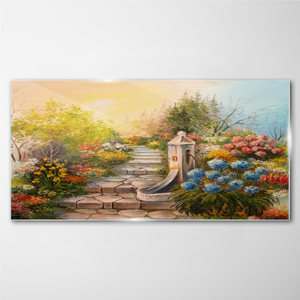 Flower garden with fountain Wall art on glass