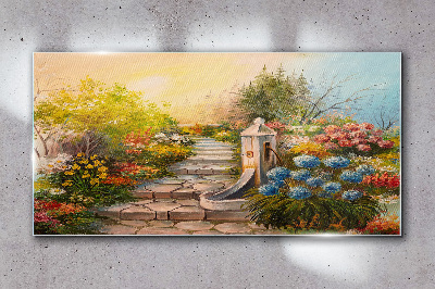 Flower garden with fountain Wall art on glass