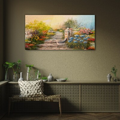 Flower garden with fountain Wall art on glass