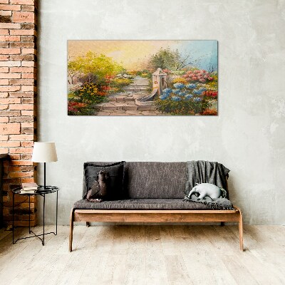 Flower garden with fountain Wall art on glass