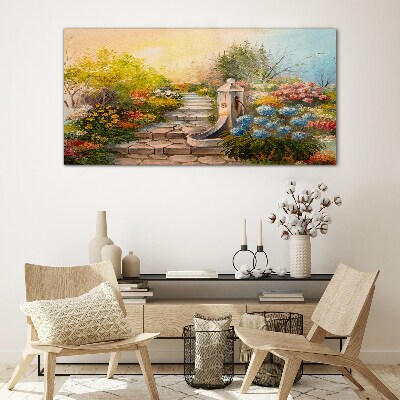 Flower garden with fountain Wall art on glass