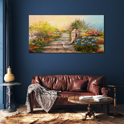 Flower garden with fountain Wall art on glass