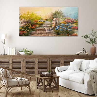 Flower garden with fountain Wall art on glass