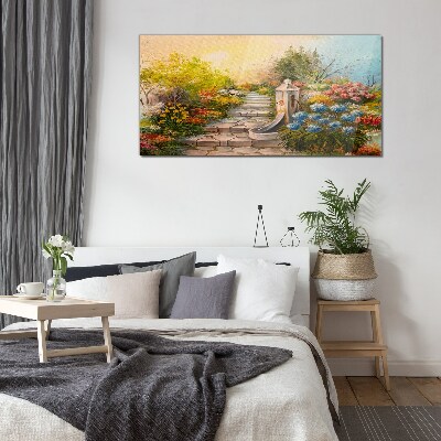 Flower garden with fountain Wall art on glass