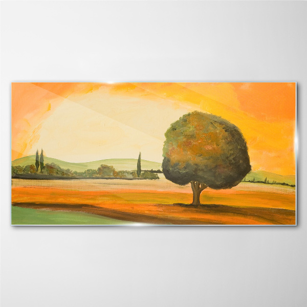 Golden glade with a tree Wall art on glass