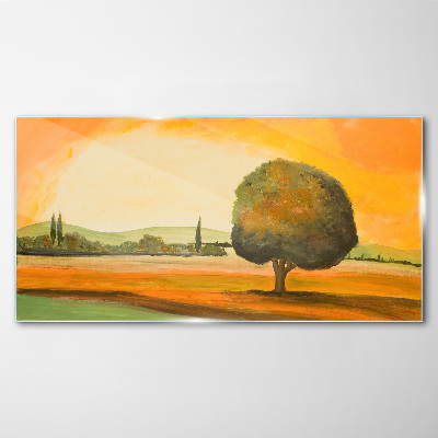 Golden glade with a tree Wall art on glass