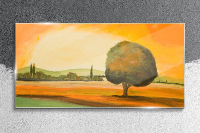 Golden glade with a tree Wall art on glass