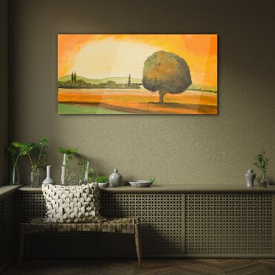 Golden glade with a tree Wall art on glass