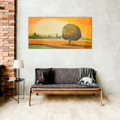 Golden glade with a tree Wall art on glass