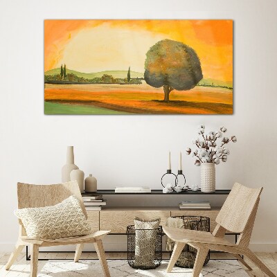 Golden glade with a tree Wall art on glass