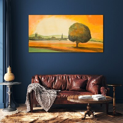 Golden glade with a tree Wall art on glass