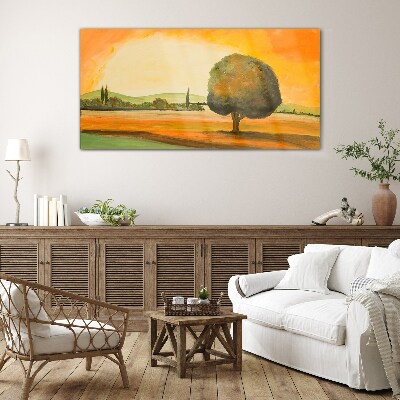 Golden glade with a tree Wall art on glass