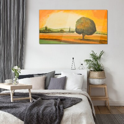 Golden glade with a tree Wall art on glass