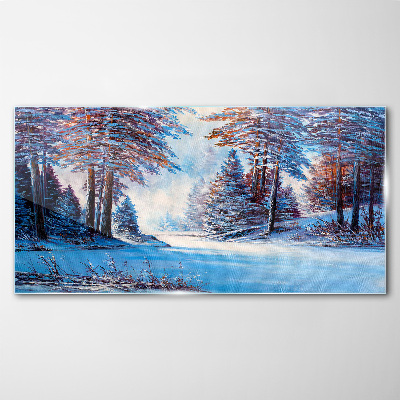 Painting winter forest trees Glass Wall Art