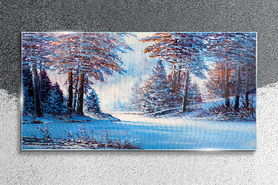 Winter landscape in blue Wall art on glass