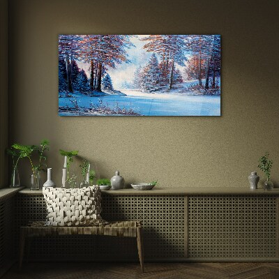 Winter landscape in blue Wall art on glass