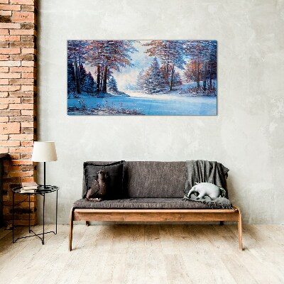 Winter landscape in blue Wall art on glass