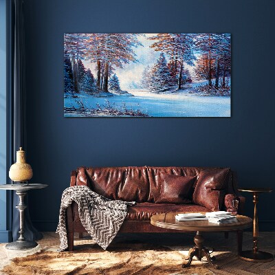 Painting winter forest trees Glass Wall Art