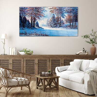 Winter landscape in blue Wall art on glass