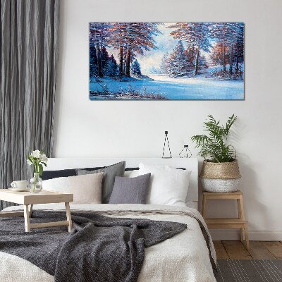Winter landscape in blue Wall art on glass