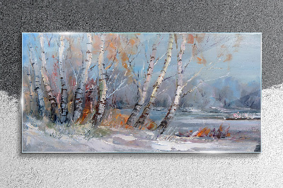 Autumn birches by the river Wall art on glass