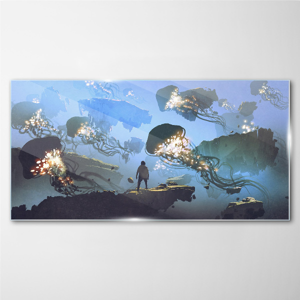 Underwater journey in the light of jellyfish Wall art on glass