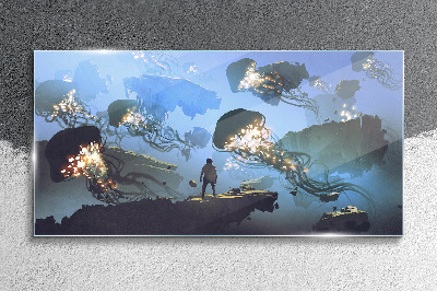 Underwater journey in the light of jellyfish Wall art on glass